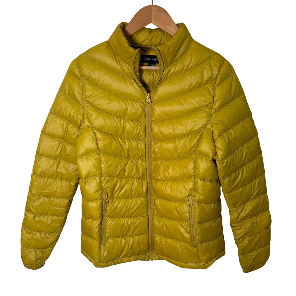 Charlie Paige Mustard Yellow Down Puffer Jacket Women Small Chevron Quilted Zip
